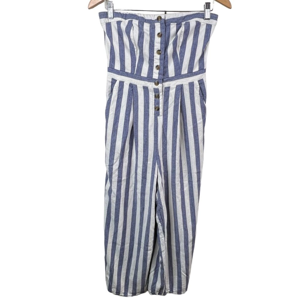 American Eagle Outfitters Jumpsuit Size Small Cropped Stripe Linen Blue White - Picture 2 of 8